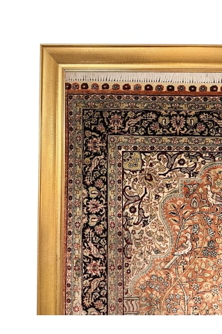 El Dokuma Saf İpek Halı Koleksiyonluk Tablo 78x123 Hayat Ağacı Modeli %100 Has İpek Kiremit