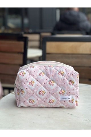 Batekso Mini Pembe Gül Desenli Makyaj Çantası Büyük Boy