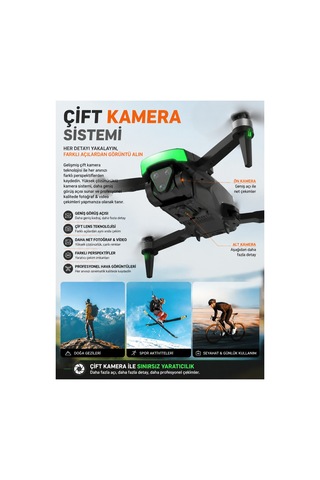 Fırçasız Motorlu Katlanabilir Kamera Drone 480p Çift Kamera, Wifi Fpv, 360 Engel Algılama, 2 Batarya Beyaz