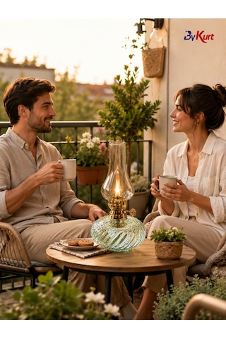 Gaz Lambası Cam Hazneli Dekoratif Nostaljik Kamp Piknik Bahçe Balkon Masa Üstü Aydınlatma Şeffaf