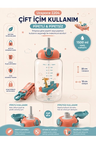 Uzspace 2204 Turuncu 1500 Ml Çift İçim Ölçek Göstergeli Tritan Çocuk Su Matarası