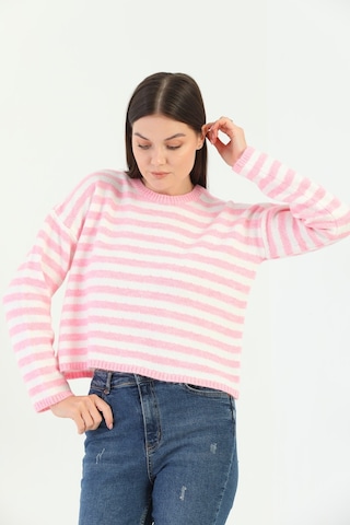 Youknitwear You Angora Çizgili Kazak Pembe