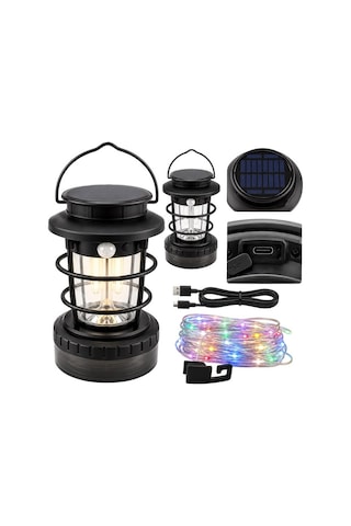 Powermaster Hop-8819 Solar Güneş Panelli Sensörlü Kamp Lambası Filament + Smd + Rgb Şerit Siyah