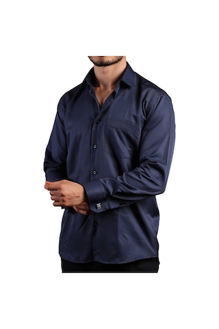 Lacivert Büyük Beden Rahat Kesim Micro Kumaş Kol Düğmeli Regular Fit Erkek Gömlek - 190-12 001