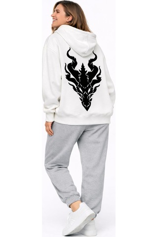 Nevermınd Unisex Ejderha Baskılı Sevgili Kombini Oversize Hoodie Seti Beyaz Beyaz