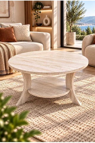 Orta Sehpa Traverten Desen Yuvarlak 75 Cm Çap - Mdf Ayak 46 Cm Yükseklik Modern Orta Sehpa Traverten