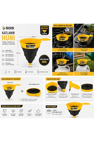 Sgs Katlanır Huni 230x140x160 Mm Yağ Benzin Sıvı Aktarma Hunisi