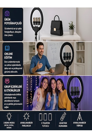 6000k 80w Led Halka Işık 56cm 360 Ayarlı 2 Usb Çıkışlı Kumandalı Fotoğraf Video Işığı Çantalı