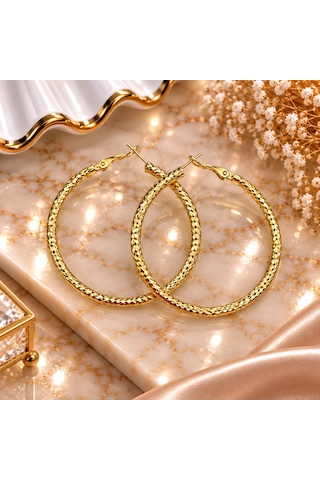 Premium Parlak Ve Şık Gold Renk Dokulu Büyük 316l Çelik Kadın Halka Küpe Altın