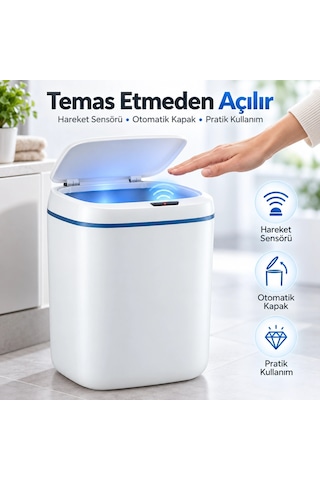 20 Litre Sensörlü Temassız Otomatik Çöp Kovası Beyaz Belirtilmemiş