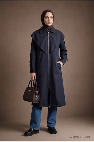 Armine Trend Pelerin Yaka Cep Detaylı Fermuarlı Uzun Boy Kap 122 Cm Boy Lacivert 26kt704
