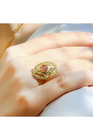 Doğal Taş Pembe Kuvars Doğal Taşlı Telkari Modelli Kadın Ayarlanabilir Altın Kaplama Yüzük Euy65pkg Kırmızı