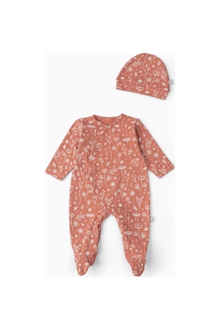 Boumini Bebek Patikli Tulum Şapka Set Bahar Çiçekli Kiremit Kiremit