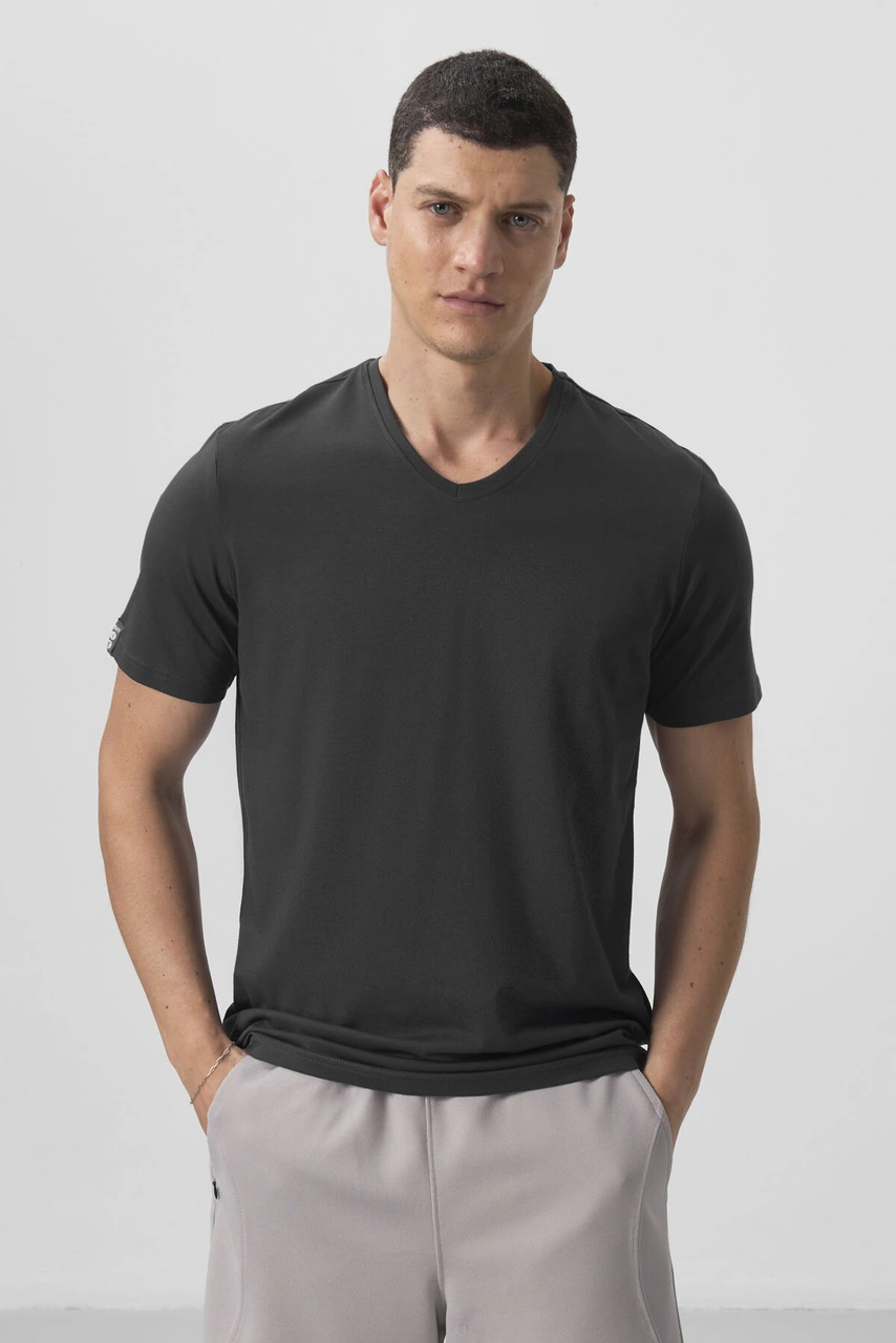 Antrasit Basic Kısa Kol Standart Kalıp V Yaka Erkek T-shirt - 87912 Antrasit