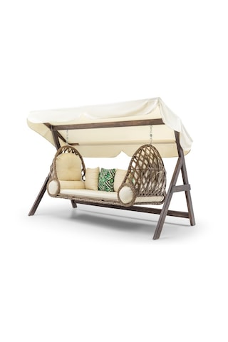 Swing Saltanat Ahşap Rattan Salıncak Dış Mekan Bahçe Balkon Ve Teras Salıncağı Krem Ceviz