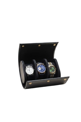 3 Lü Deri Saat Kutusu Silindir Tasarım Taşınabilir Saat Saklama Organizer 24x11x7 Cm Taba Siyah
