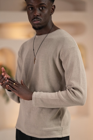 Regular Fit Likralı Kendinden Çizgili Mevsimlik Spor Kazak Vizon