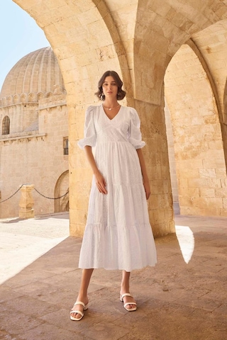 Monamise 23077 Kadın Truvakal Kol V Yaka Elbise-beyaz Beyaz