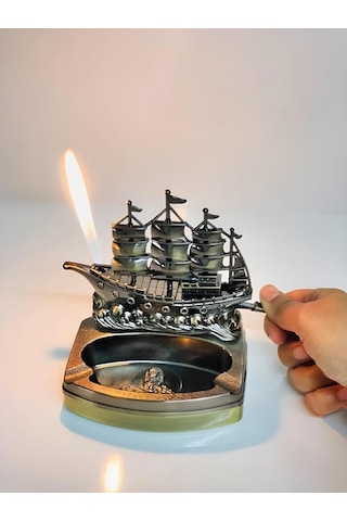Yelkenli Gemi Figürlü Metal Çakmaklı Masa Kül Tablası