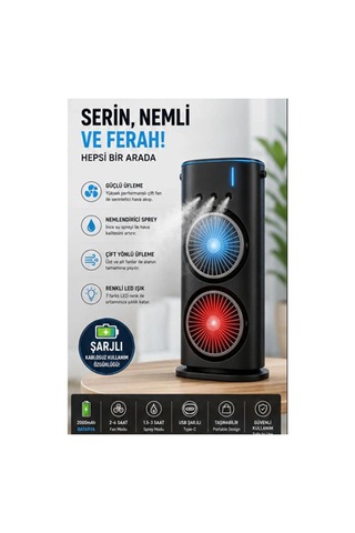 Zenviya21 Çift Başlıklı Sprey Fan Nemlendirici Ve Renkli Led Işıklı Siyah Zenya785