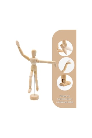Ahşap Çizim Mankeni, Mafsallı İnsan Figürü Modeli, Tabanlı Eskiz Yardımcısı, 14 Cm