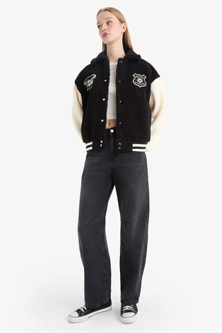 Defacto Coool Oversize Geniş Kalıp Polo Yaka Pelüş Bomber Ceket E9837ax25wnbk81 Siyah
