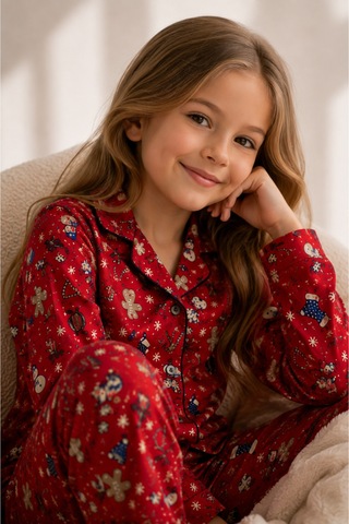 Beka Kids Yılbaşı Desenli Uzun Kollu Önden Düğmeli Gömlek Yaka Kız Çocuk Pijama Takımı Kırmızı
