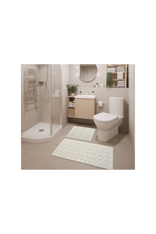 2 Li Bukle Banyo Takımı Banyo Tekstili/modern/doğal/sade/şık Kaymaz Taban -793 White1
