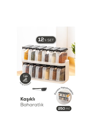 Vienev 12'li Beyaz Standlı Kaşıklı Etiketli Kendinden Yapışkanlı Baharatlık Seti Beyaz Beyaz