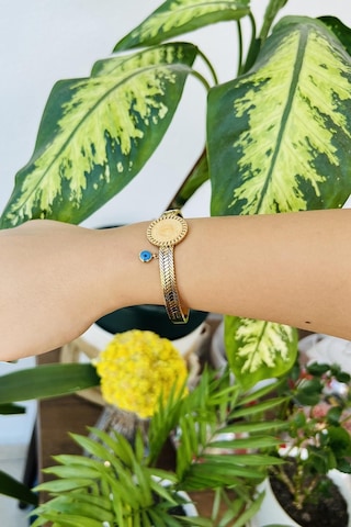 Allmisse Nazar Boncuklu Arpa Desenli Tuğra Detaylı Çelik Bileklik Altın