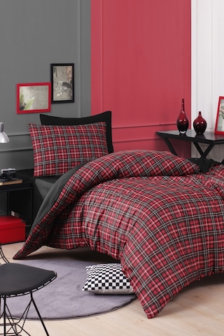 Kolay Ütülenir Nevresim Takımı Tek Kişilik İskoç Kırmızı