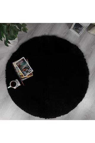 Dekoratif Tavşan Tüyü Ultra Yumuşak Peluş Yuvarlak Halı Siyah