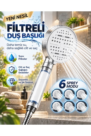 6 Sprey Modlu Filtreli Duş Başlığı Büyük Su Paneli Silikon Nozull