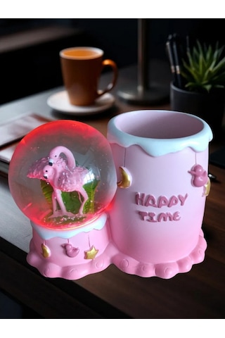 Flamingo Figürlü 15cmx10cm Ebat Pilli Işıklı Dekoratif Kar Küre Kalemlik 15cm X 10cm