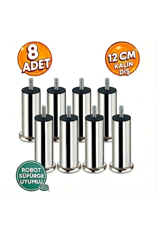Baza Koltuk Kanepe Mobilya Ayağı Kalın Diş Metrik 3/8 Krom 12cm 8 Adet Vida Ölçüsüne Dikkat Krom Metal
