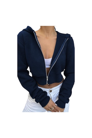 Lacivert Kadın Crop Fermuarlı Kapüşonlu Sweatshirt Lacivert