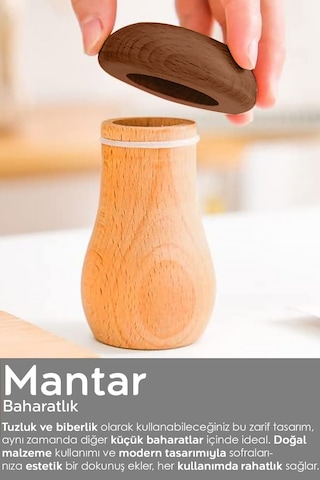 2'li Mantar Model Bambu Baharatlık - Tuzluk Biberlik Karabiberlik Baharat Takımı 35 Ml Bej