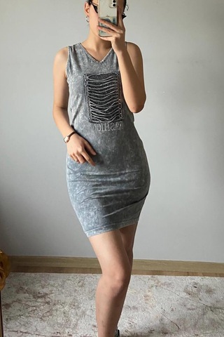 Mia Butik Kadın V Yaka Kare Pul Payetli Gri Elbise-979 Gri