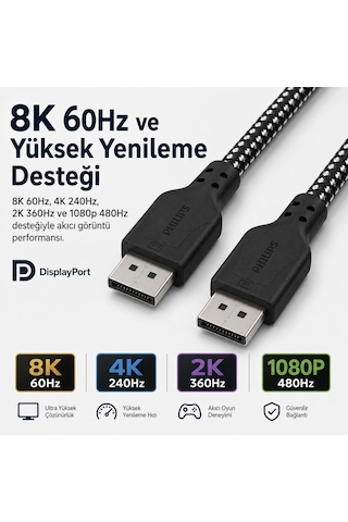Philips Swr3139b 3 Metre Örgülü Displayport 1.4 Kablo, Dsc, 8k 60hz, 4k 240hz, 2k 360hz, 1080p 480hz, Hdr, 32.4 Gbps Dp Kablo 59400937