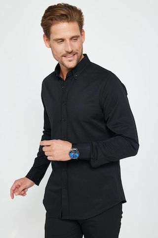 Tudors Slim Fit Uzun Kollu Dar Kesim Düğmeli Yaka Pamuklu Düz Oxford Siyah Erkek Gömlek-31031-siyah Siyah