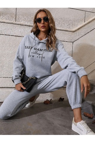 Hampton Eşofman Takımı Sweatshirt Jogger - Gri Baskılı Oversize Şardonlu Kapüşonlu Lastik Paça Gri