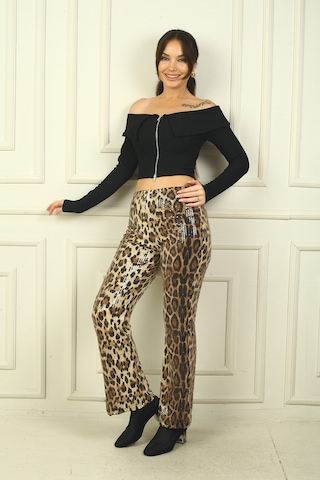 By Saygı Kadın Beli Lastikli Pulpayet İspanyol Paça Yarım Astarlı Leopar Desen Pantolon Bej