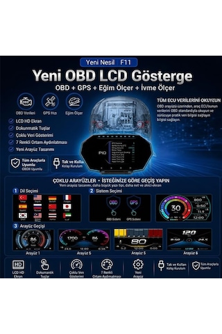 F11 Obd2 + Gps Head Up Display Hud, Dijital Hız Göstergesi, Sıyah