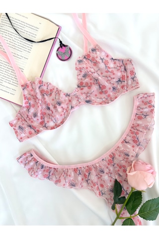 Arinda Ül Çiçek Desenli Balenli Kapsız Fırfırlı Bralette Sütyen Tanga İç Çamaşırı Takımı Alt Üst 2 Parça Pembe