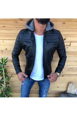 Oliggopol Erkek Slim Fit İç Cepli Tek Fermuarlı Deri Mont Ceket Siyah