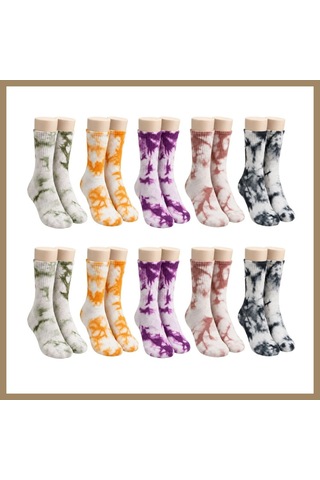 Kahveci.store Unisex Batik Desenli Çorap 10'lu Set Renkli Pamuklu Uzun Soket Dikişsiz Nefes Alan Günlük Spor Çorabı 22 Çok  Renkli