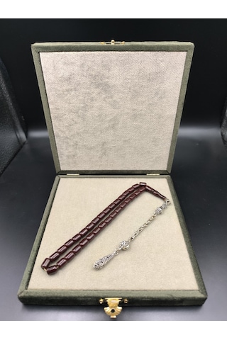 Osmanlı Sıkma Kehribar Tesbih Koyu Vişne, 9x7 Mm Gümüş