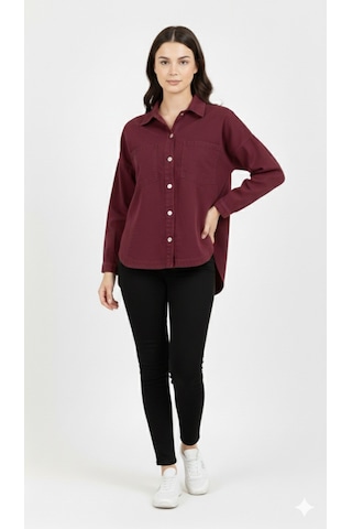 Kadın Kot Rahat Kesim Cepli Düz Denim Gömlek Bordo