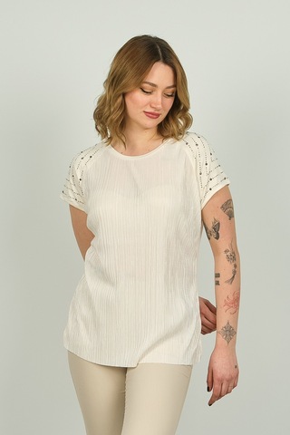 Ella Camelia Kadın Omzu Taş Detaylı Desenli Bluz 18e013 Krem