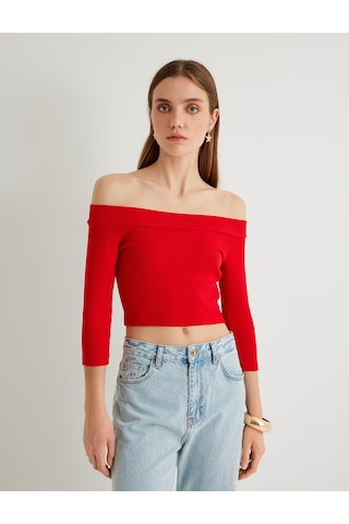 Koton Omzu Açık Crop Tişört Dirsek Boy Kol Pamuklu Slim Fit Kırmızı 4sak50021pk Kırmızı
